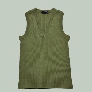 Brandy Melville Green Ribbed Knit V-Neck Sweater Vest Preppy Cotton One Size